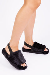 SASHA FLUFFY FAUX FUR MULE SLIPPERS WITH ELASTIC STRAP IN BLACK