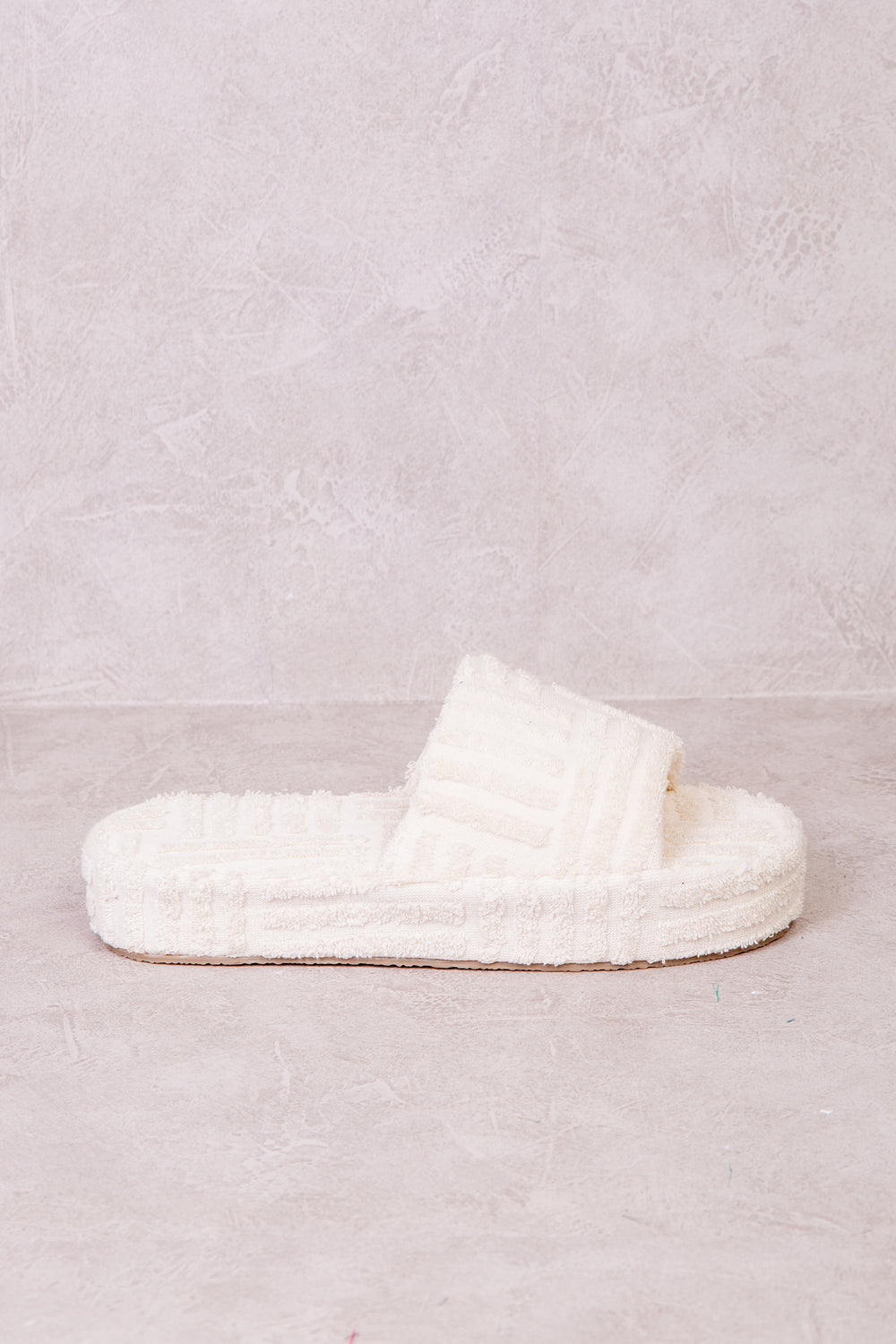 VESPA TERRY TOWEL FABRIC FLATFORM SLIDER IN IVORY CREAM