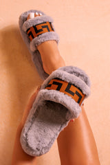LILA FAUX FUR PRINTED STRAP PLATFORM SLIPPERS IN CHARCOAL GREY