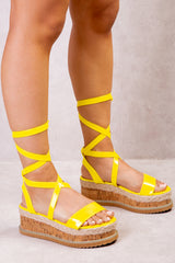 EVA TIE LEG FLATFORM ESPADRILLE SANDALS IN NEON YELLOW PATENT FAUX LEATHER