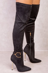 ALORA OVER THE KNEE HIGH HEEL BOOTS IN BLACK SUEDE