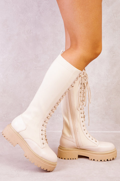 DYANNA KNITTED PANEL LACE UP CALF BOOTS IN IVORY CREAM FAUX LEATHER