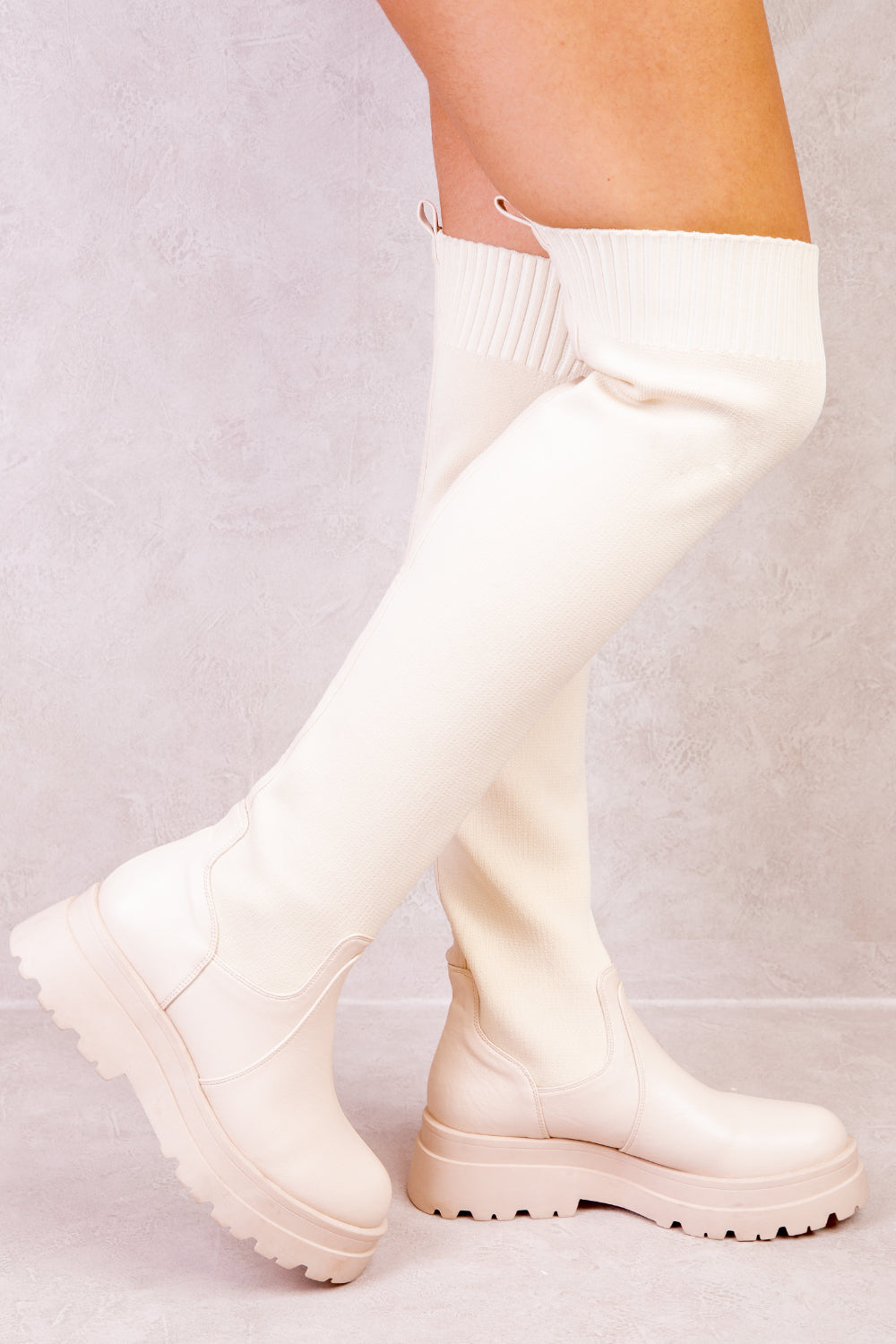 ALYSE CHUNKY PLATFORM KNITTED STRETCH CALF BOOTS IN IVORY CREAM