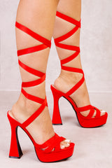 JOCELYN SUEDE FLARED BLOCK HIGH HEELS WITH STRAPPY LACE UP DETAIL IN ROUGE RED SUEDE