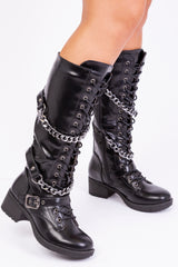 ROCKY CALF LACE UP BOOT WITH DOUBLE CHAIN DESIGN IN BLACK FAUX LEATHER