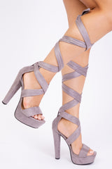 QISTINA HIGH HEEL PLATFORM WITH LACE-UP STRAPS IN GREY SUEDE