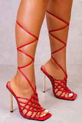 GRACIE PU HIGH HEELS WITH KNOTTED STRAP DETAIL IN ROUGE RED FAUX LEATHER