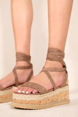 EVA TIE LEG FLATFORM ESPADRILLE SANDALS IN MOCHA SUEDE