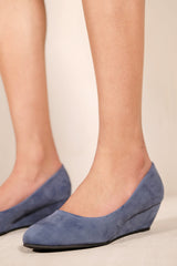 KIERAN PLATFORM LOW WEDGE MID HEEL COURT SHOES IN SKY BLUE SUEDE