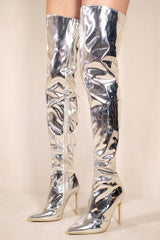 ARIEY STILETTO HEEL KNEE HIGH BOOTS WITH POINTED TOE & SIDE ZIP IN MOON SILVER PATENT FAUX LEATHER