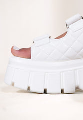 KEZIAH CHUNKY HEELED SANDALS WITH FASTENING STRAPS IN QUILTED WHITE FAUX LEATHER