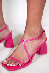 RAQUEL SQUARE TOE BLOCK HEEL WITH CROSSOVER STRAP IN FUCHSIA PINK FAUX LEATHER