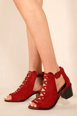 REYDAH MID HIGH BLOCK HEEL SANDALS WITH PEEP TOE & CRISS CROSS DETAIL IN ROUGE RED SUEDE