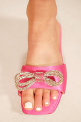 ABRIL FLATFORM SLIDERS WITH SQUARE TOE & DIAMANTE BOW IN FUCHSIA PINK SILK