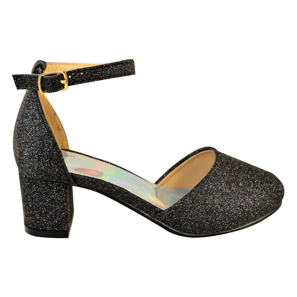 ABENA KIDS CLOSED TOE MID HIGH HEEL SANDALS WITH ANKLE STRAP IN BLACK GLITTER