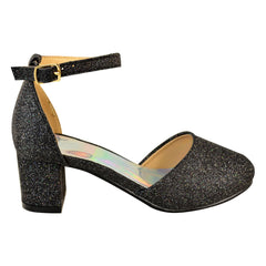 ABENA KIDS CLOSED TOE MID HIGH HEEL SANDALS WITH ANKLE STRAP IN BLACK GLITTER