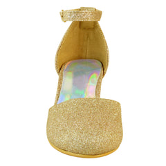 ABENA KIDS CLOSED TOE MID HIGH HEEL SANDALS WITH ANKLE STRAP IN GOLD GLITTER