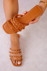 MEDUSA FOUR BRAIDED CHAIN DETAIL FLAT SANDALS IN TAN FAUX LEATHER