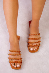 MEDUSA FOUR BRAIDED CHAIN DETAIL FLAT SANDALS IN TAN FAUX LEATHER