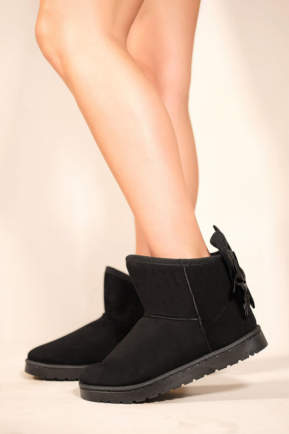 MAKAILA PLATFORM ANKLE BUNNY BOOTS WITH BOW BLACK FAUX SUEDE