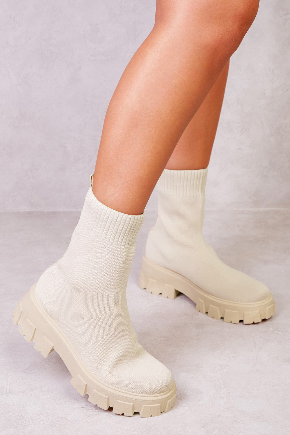 CHELSEA CHUNKY BOOT WITH KNITTED SOCK IN BEIGE